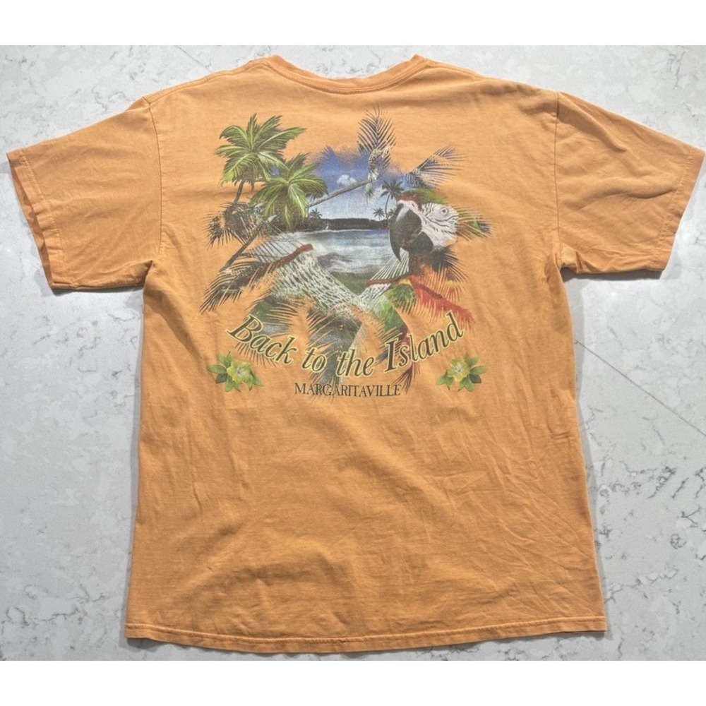 VTG Margaritaville T-Shirt Mens L Orange Back To Island Parrot Jimmy Buffett Y2K